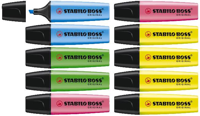 Různé barevné zvýrazňovače STABILO BOSS Original s víčky. Barvy: modrá, červená, zelená, žlutá a růžová.
