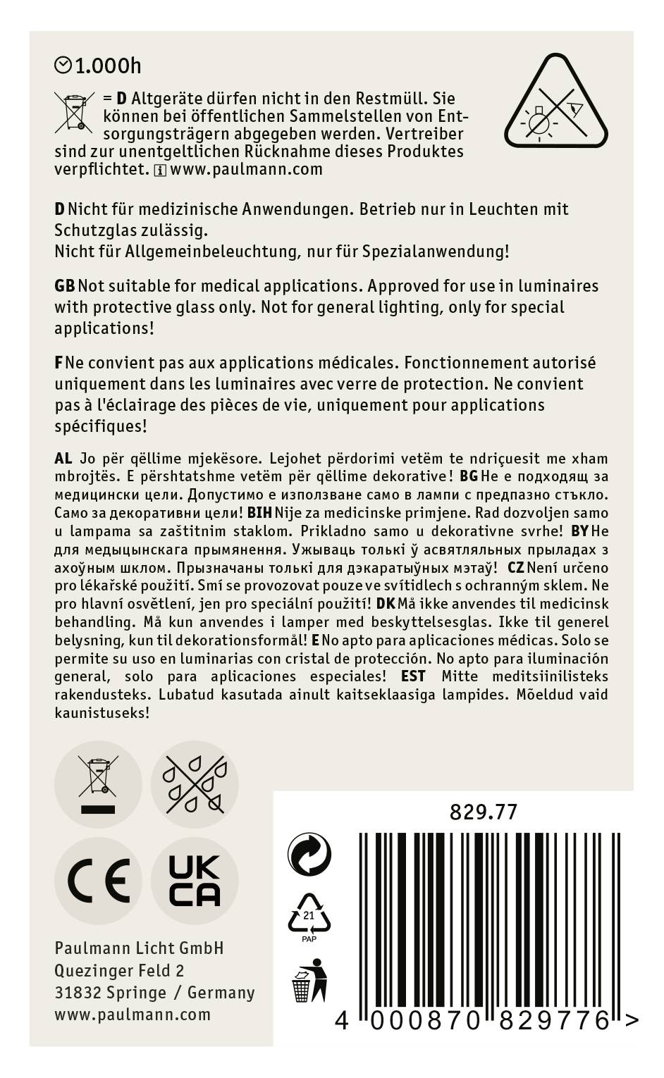 Štítek na obalu s vícejazyčnými texty k použití výrobku. Symboly varují před nesprávnou likvidací a použitím.