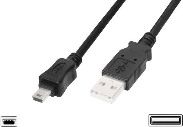 Digitus USB kabel USB 2.0 USB-A zástrčka, USB Mini-B zástrčka 1.00 m černá kulatý, dvoužilový stíněný AK-300130-010-S
