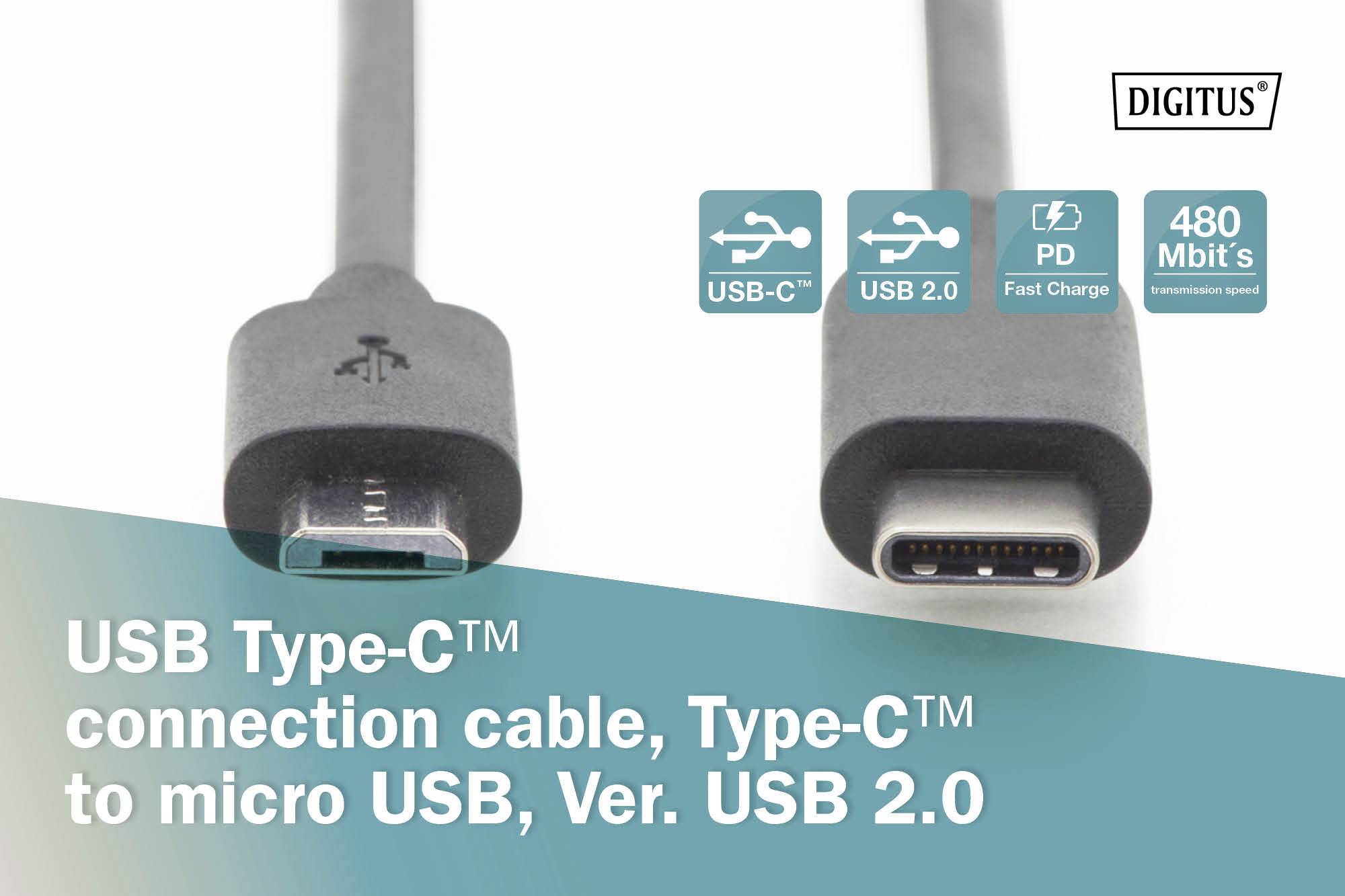 USB Type-C propojovací kabel, z USB-C na Micro USB, verze USB 2.0, podporuje USB-C, USB 2.0, PD, přenosová rychlost dat 480 Mbit/s.