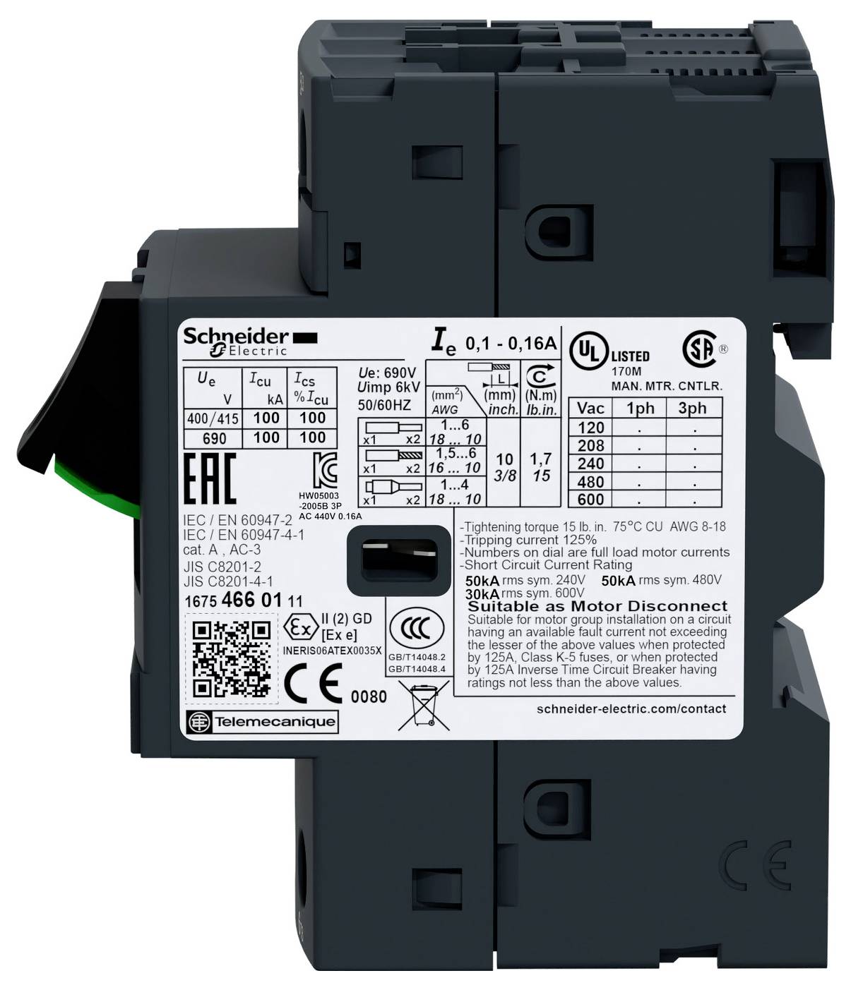 Elektrické zařízení značky 'Schneider Electric' s štítky pro specifikace, bezpečnostní certifikace a informace o modelu.