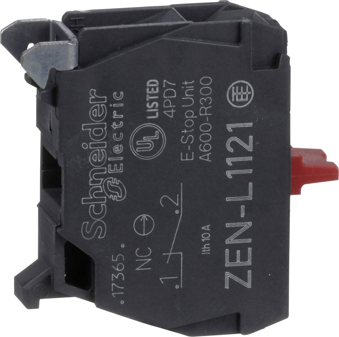 Černý průmyslový spínací modul Schneider Electric ZEN-L111 s červeným ovladačem a vytištěným schématem zapojení na bílém pozadí.