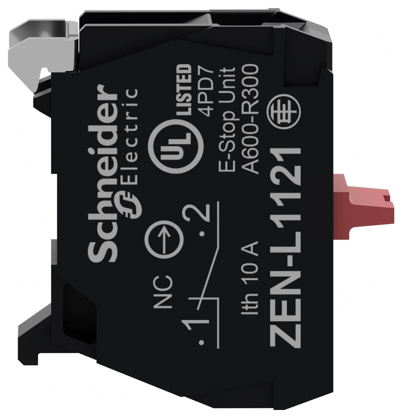 Schneider Electric ZEN-L-1121 relé modul s vytiskovanými elektrickými schématy, označením modelu a bezpečnostními značkami na černé skříni s červeným ovladačem.