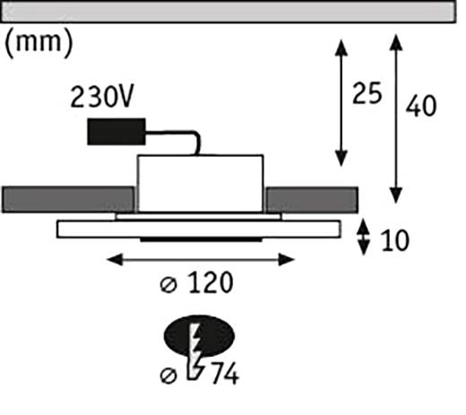 Diagram znázorňuje rozměry a připojovací detaily vestavěného svítidla na 230V: průměr 120 mm, hloubka vestavění 40 mm, roztečný průměr 74 mm.