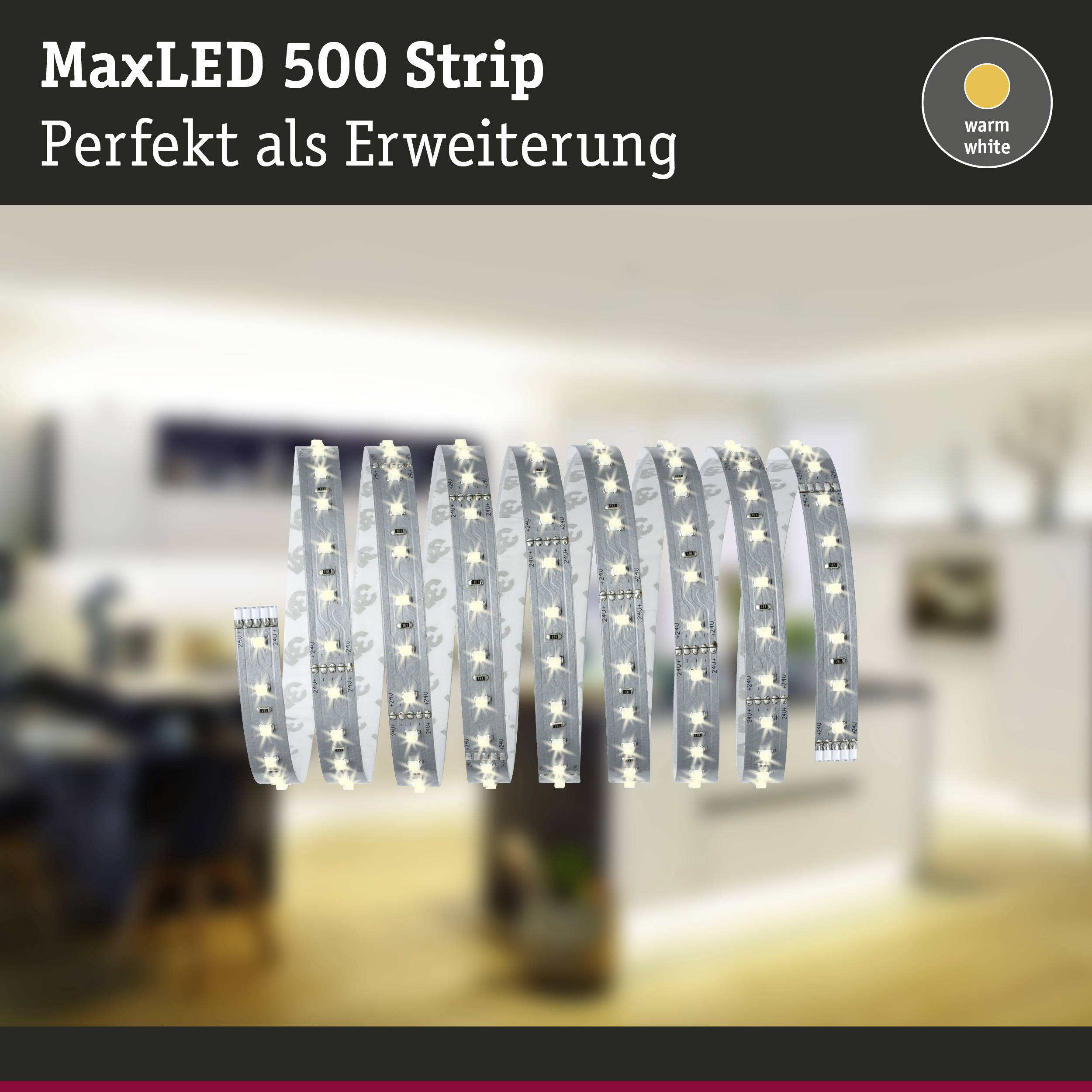 LED světelný pás v kuchyni s textem 'MaxLED 500 pásek, Perfektní rozšíření'