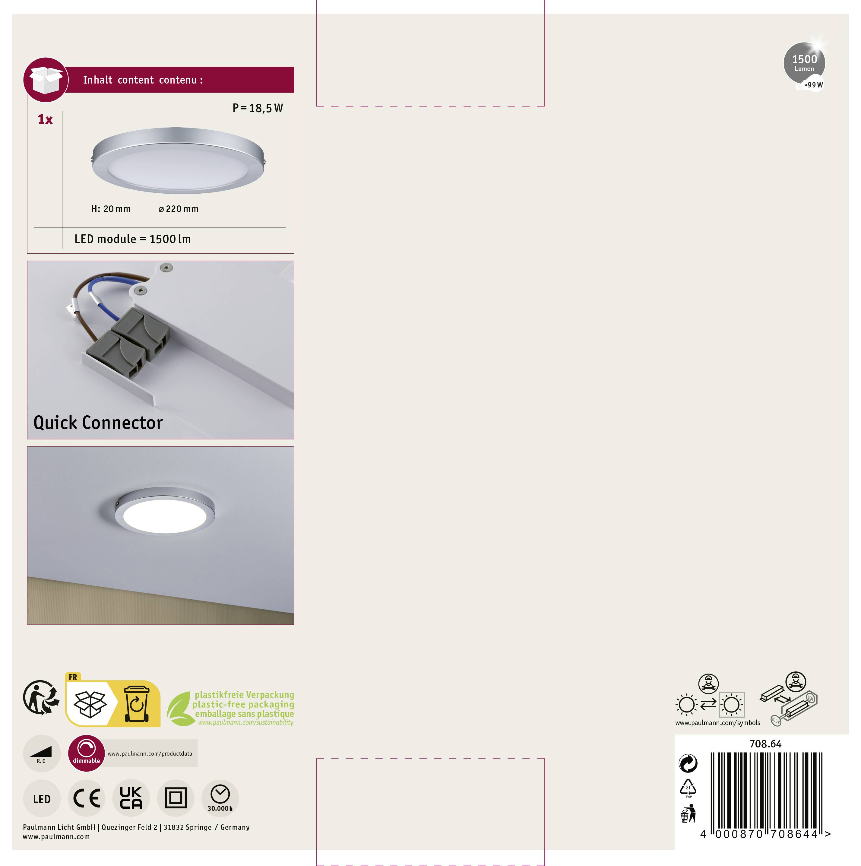 Kulatý LED stropní svítidlo, 18,5 W, 1500 lm, průměr 20 cm, obsahuje rychlospojku. Vyobrazeno: svítidlo namontované na stropě.