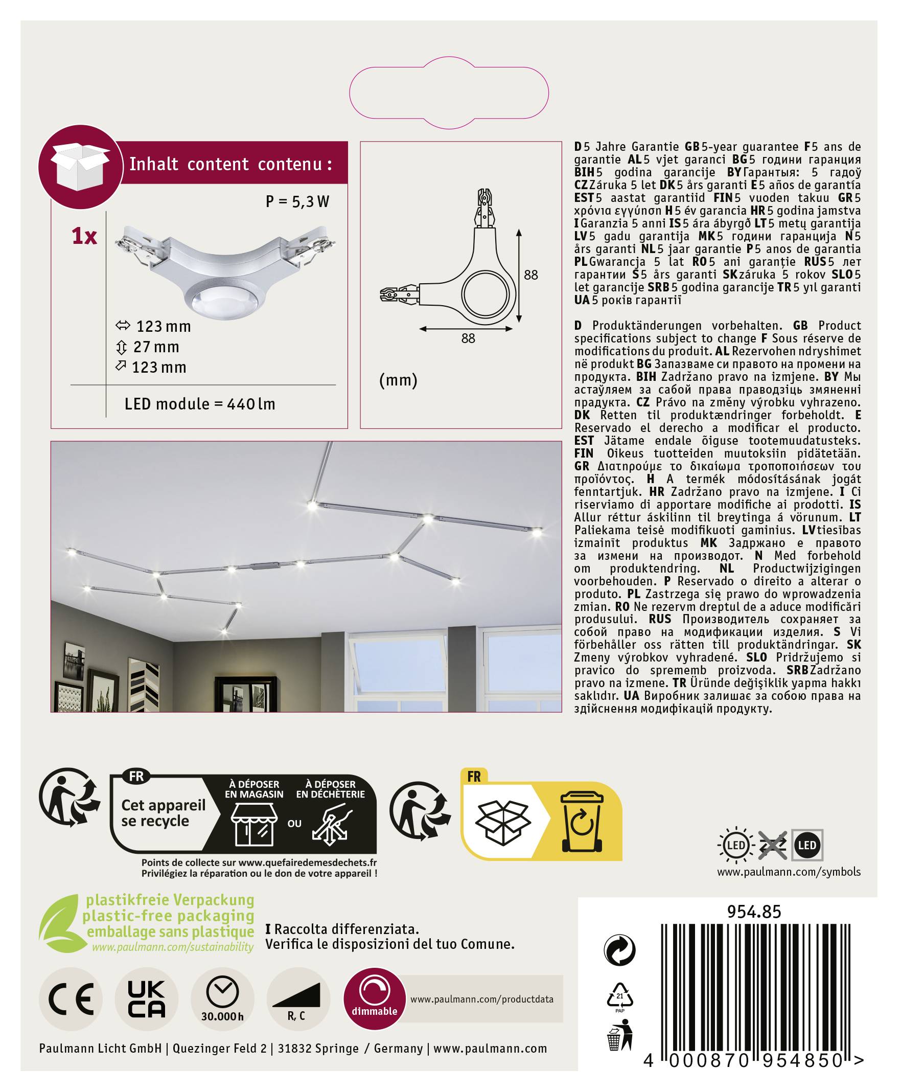 Balení obsahuje: LED stropní svítidlo, spotřeba energie 5,3 W. Rozměry: průměr 123 mm, výška 88 mm. Světelný tok LED: 440 lm.
