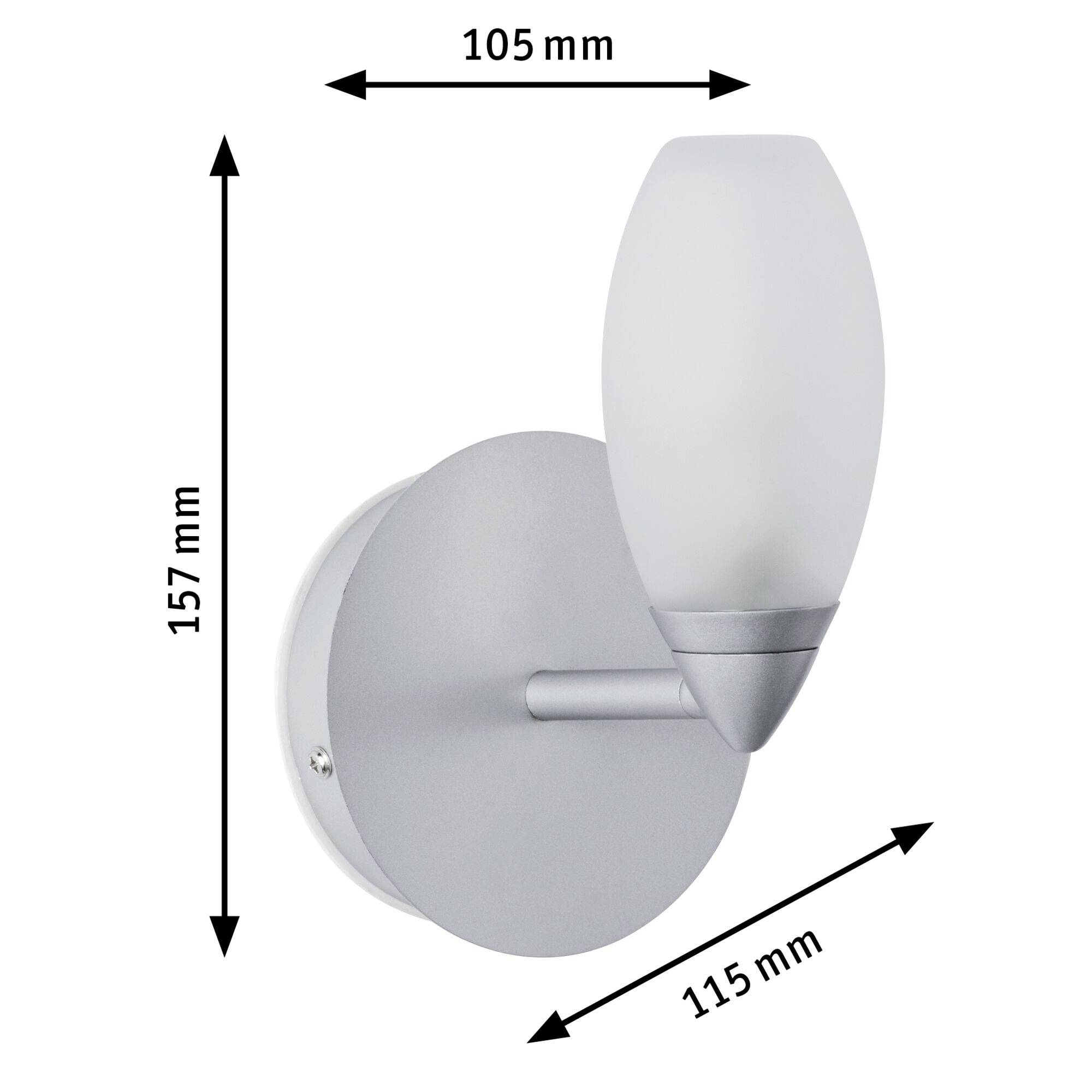 Nástěnná lampa s oválným, matným skleněným stínidlem. Rozměry: výška 157 mm, šířka 105 mm, hloubka 115 mm. Namontována na kulaté kovové podložce.