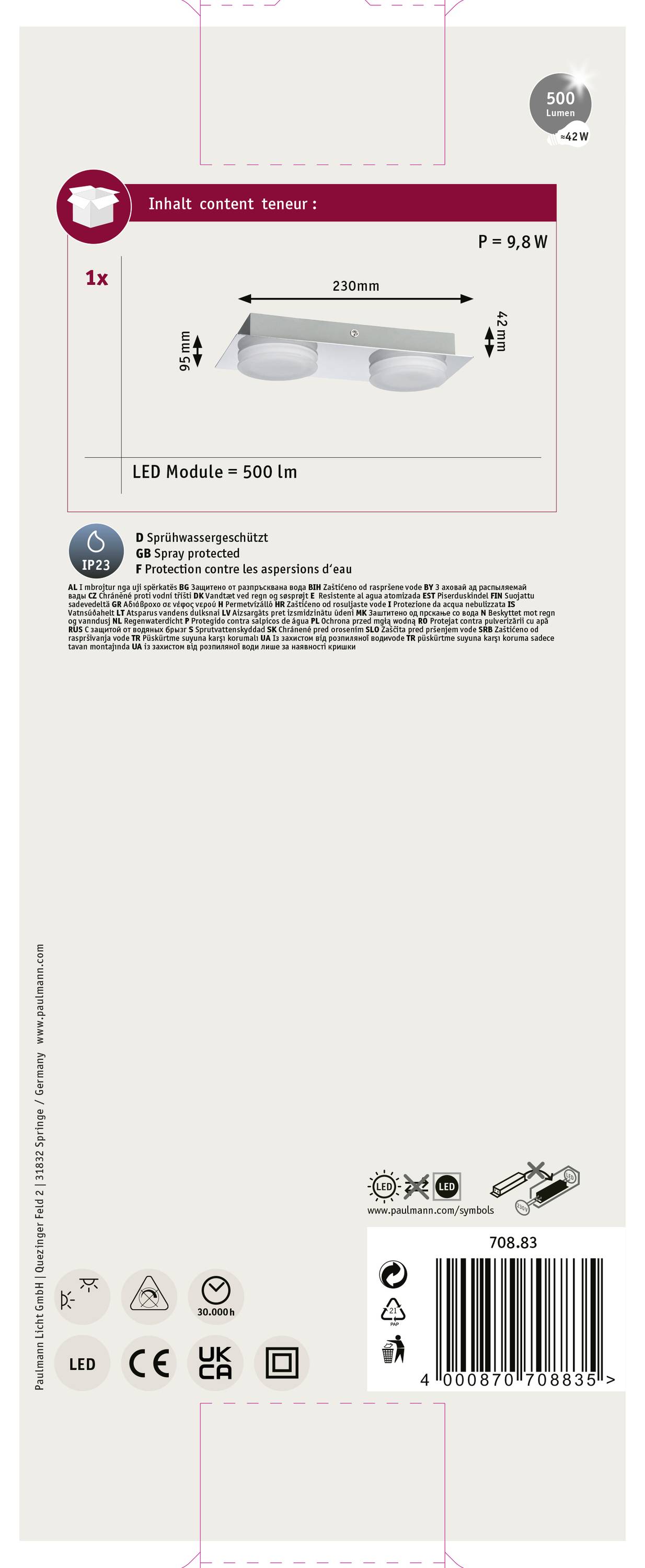 LED modul - 500 lm, délka 250 mm, výkon 9,8 W, stupeň krytí IP 55. Vhodný pro osvětlení koupelny. Balení pro jednotlivý modul.