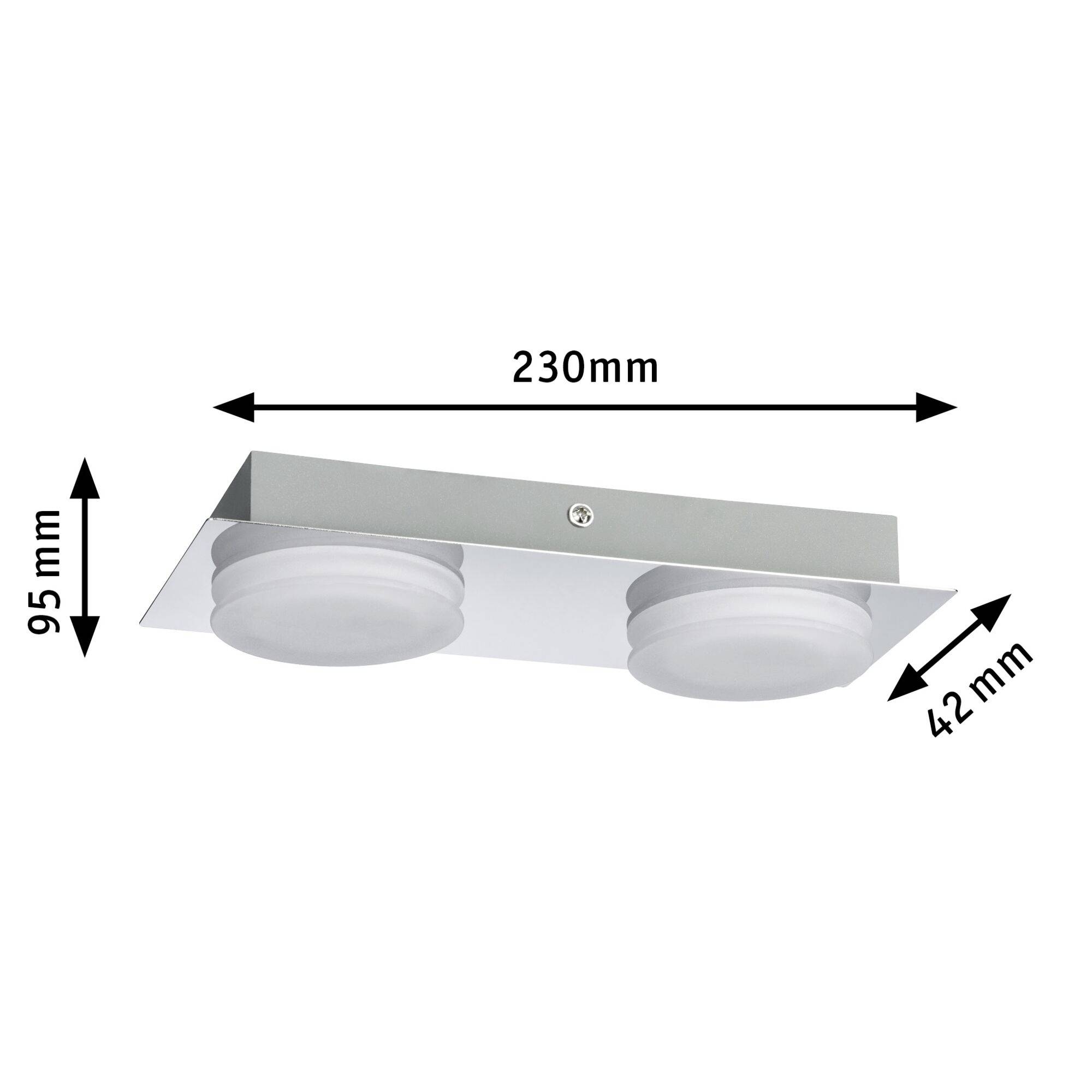 LED svítidlo s obdélníkovou kovovým podstavcem, rozměry: 230 mm x 95 mm x 42 mm, ideální pro moderní interiérové osvětlení.