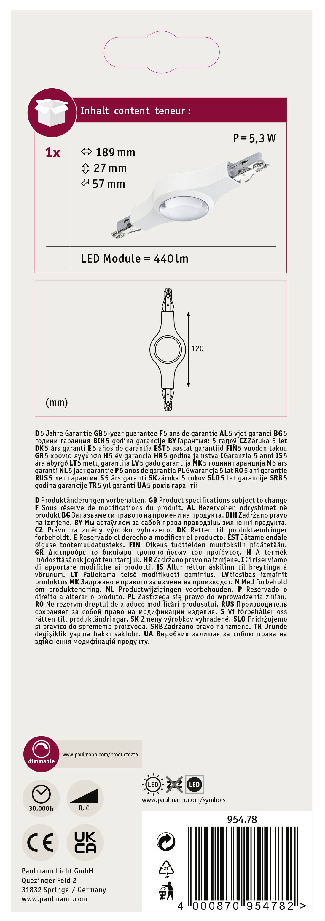 Obal LED lampy o příkonu 5,3 W, světelném toku 440 lumenů a rozměrech: průměr 57 mm, hloubka 27 mm, vestavná velikost 189 mm.