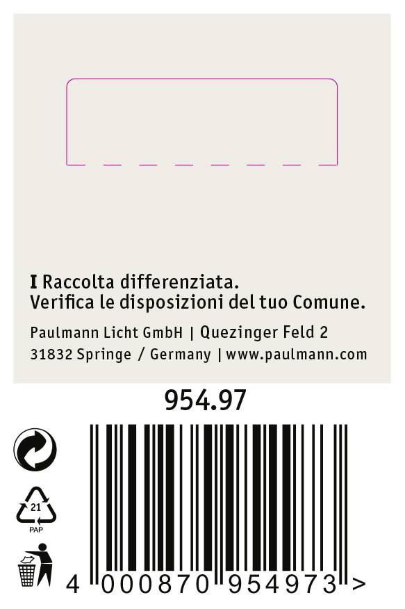 Tříděný odpad. Ověřte předpisy vašeho obecního úřadu. Čárový kód na produktu s adresou Paulmann Licht GmbH, Německo. Cenový údaj: 954,97.