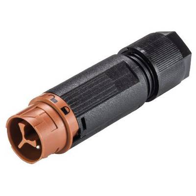 Černý a oranžový konektor s válcovým pouzdrem a zajišťovacím mechanismem pro elektrické propojení.