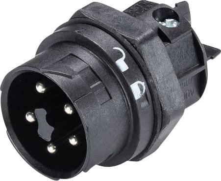 Černý, kulatý adaptérový konektor s několika kovovými kolíky. Vhodný pro připojení k vozidlu pro elektrické spoje.