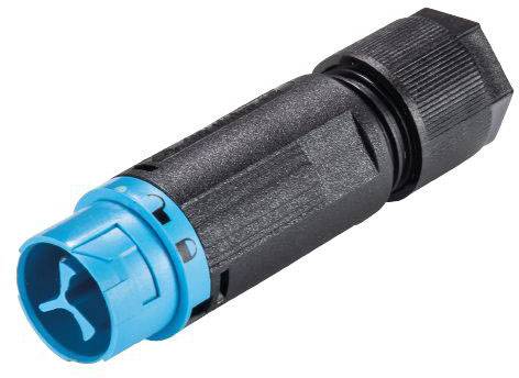 Černý a modrý válcovitý konektor, pravděpodobně určený pro elektrické nebo elektronické aplikace.