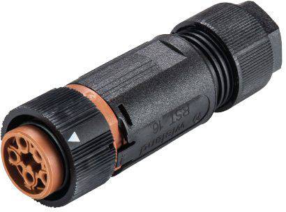Černý válcový konektor s oranžovým koncem. Vhodný pro zapojení nebo elektronické připojení.