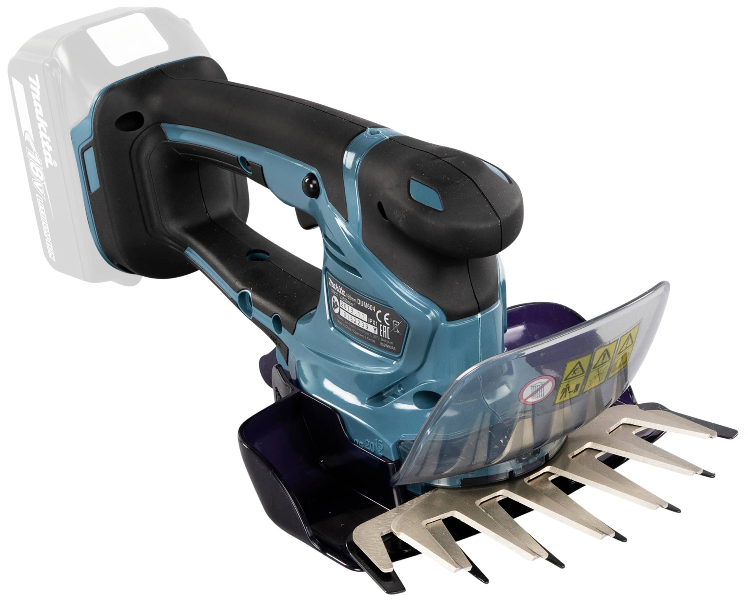 Modročerný bezdrátový vyžínač s ochranným krytem a ostrými noži. Zařízení má ergonomickou rukojeť.