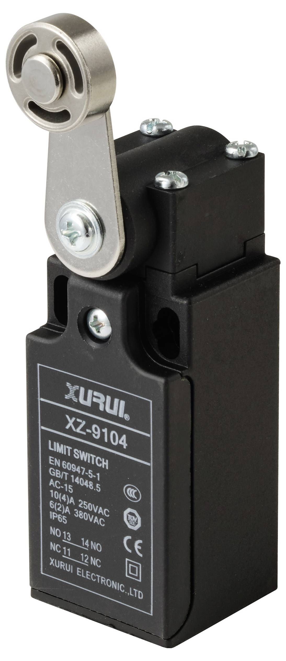 'XZURUI XZ-9104 Koncový spínač' s pákovým ramenem. Údaje: EU-standard EN60947-5-1, IP65, 380VAC max. Výrobce: XURUI ELECTRONIC.LTD.