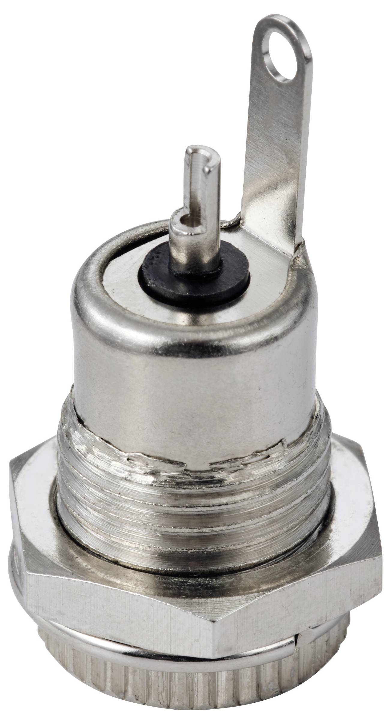 Kovový konektor se závitem a přírubou, vhodný pro elektronické aplikace.