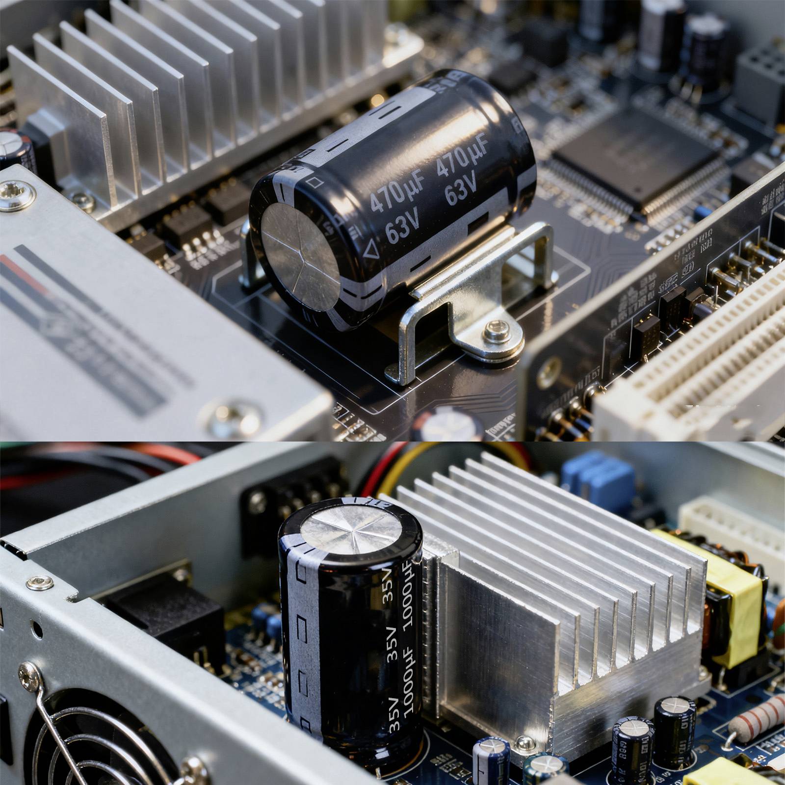 Detail dvou elektronických desek, každá s kondenzátory a chladiči. Horní deska má kondenzátor '470μF 63V'; spodní deska má kondenzátor '1500μF 35V'.
