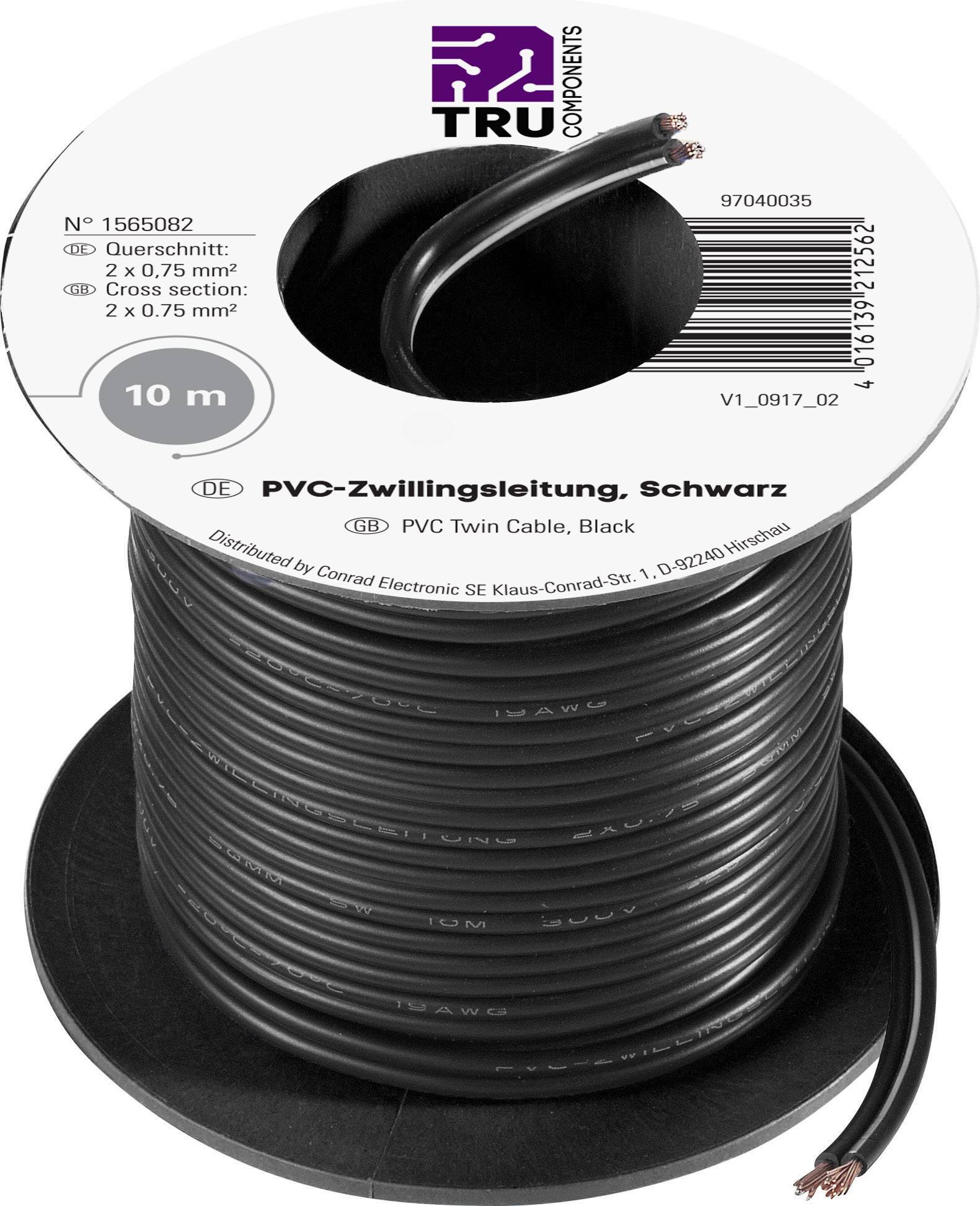 Černý PVC kabel se zdvojeným vedením, 10 m dlouhý, průřez 2 x 0,75 mm². Kabel na cívce s volně vyvedenými měděnými vodiči na koncích.