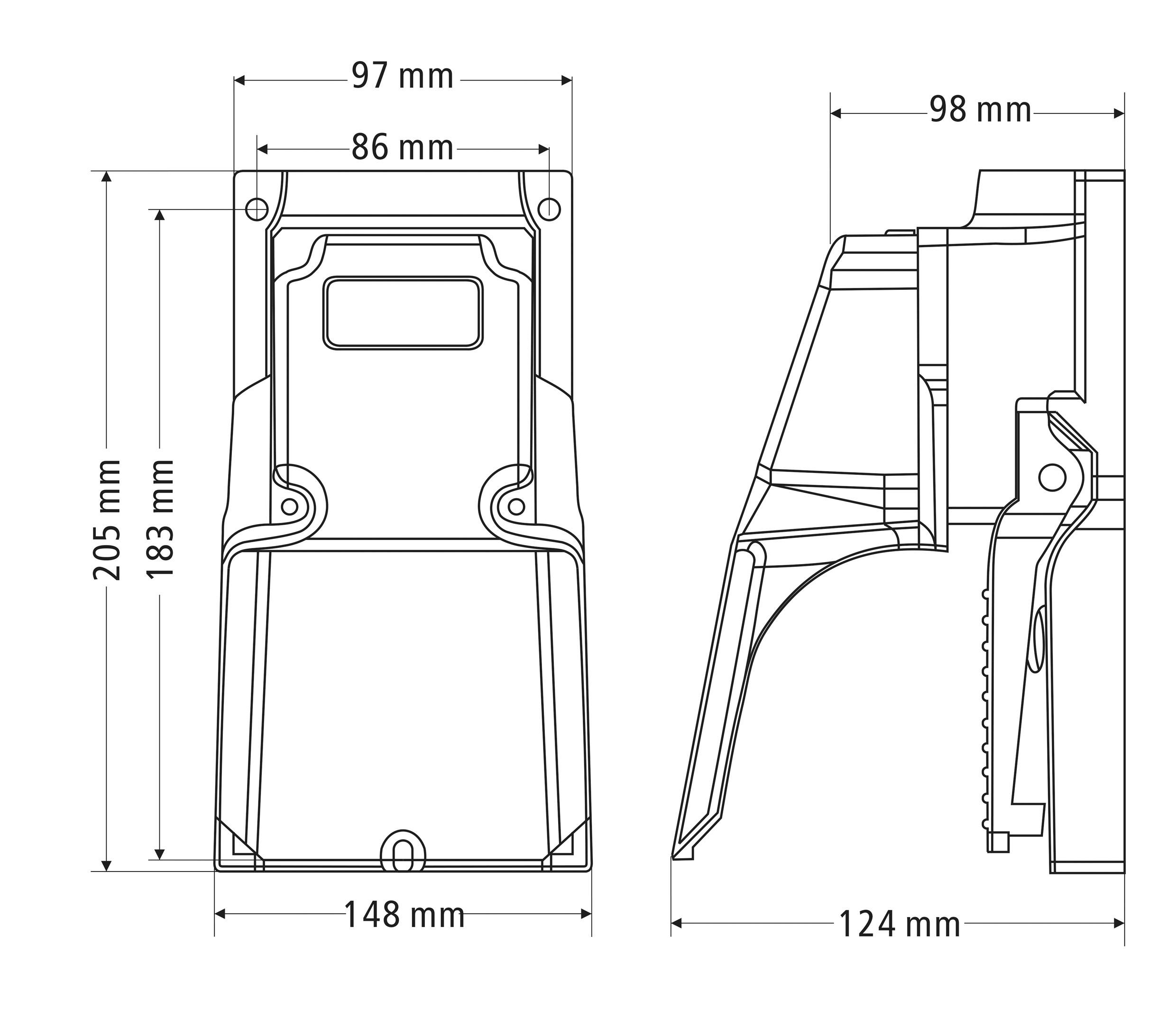 Technický výkres nástěnného dávkovače. Pohled zepředu: 205 mm vysoký, 97 mm široký. Pohled z boku: 98 mm hluboký, základna 124 mm široká.