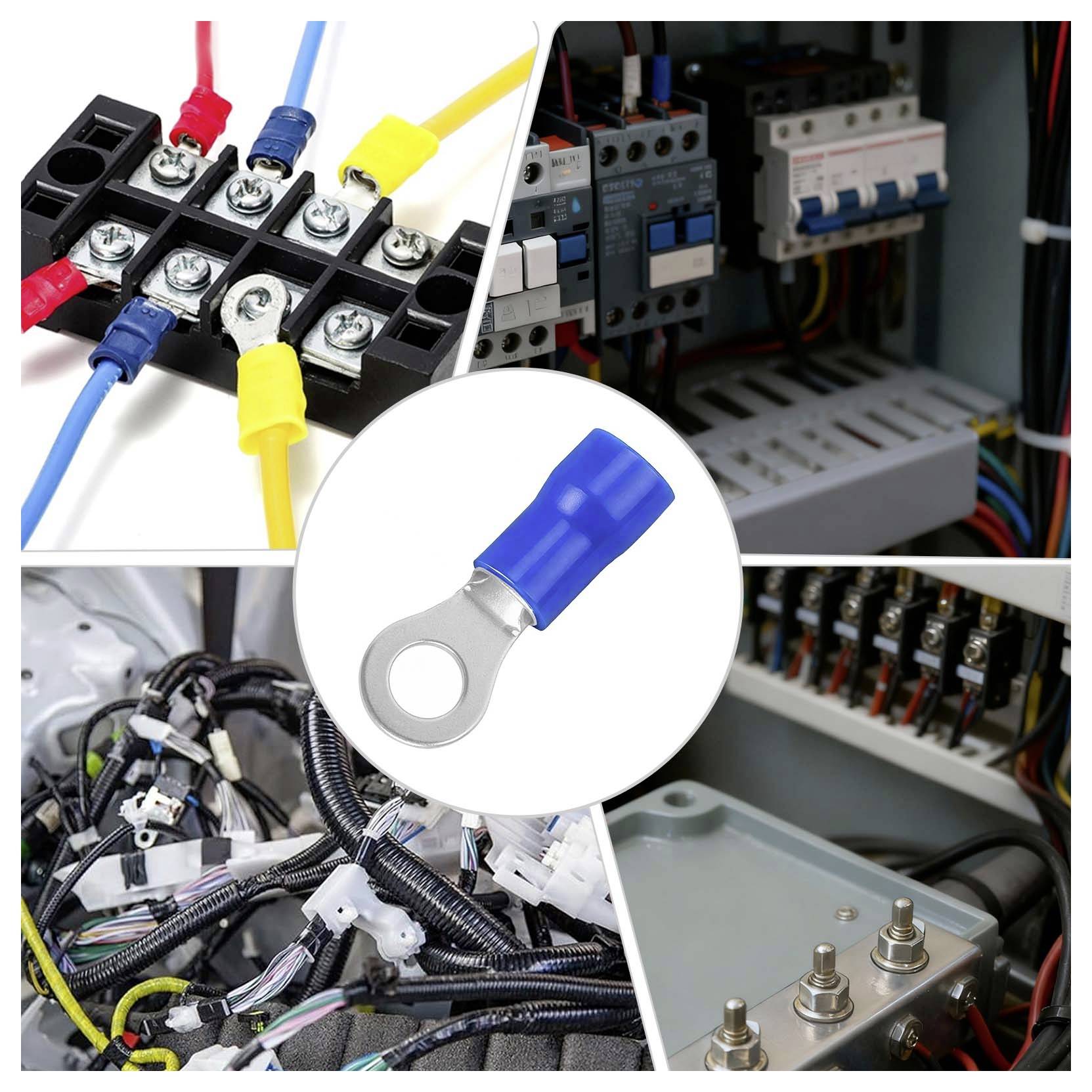 Koláž elektrických svorkovnic a ovládacích panelů se zaměřením na modrý kroužkový zavaděč používaný k bezpečnému připojení vodičů.