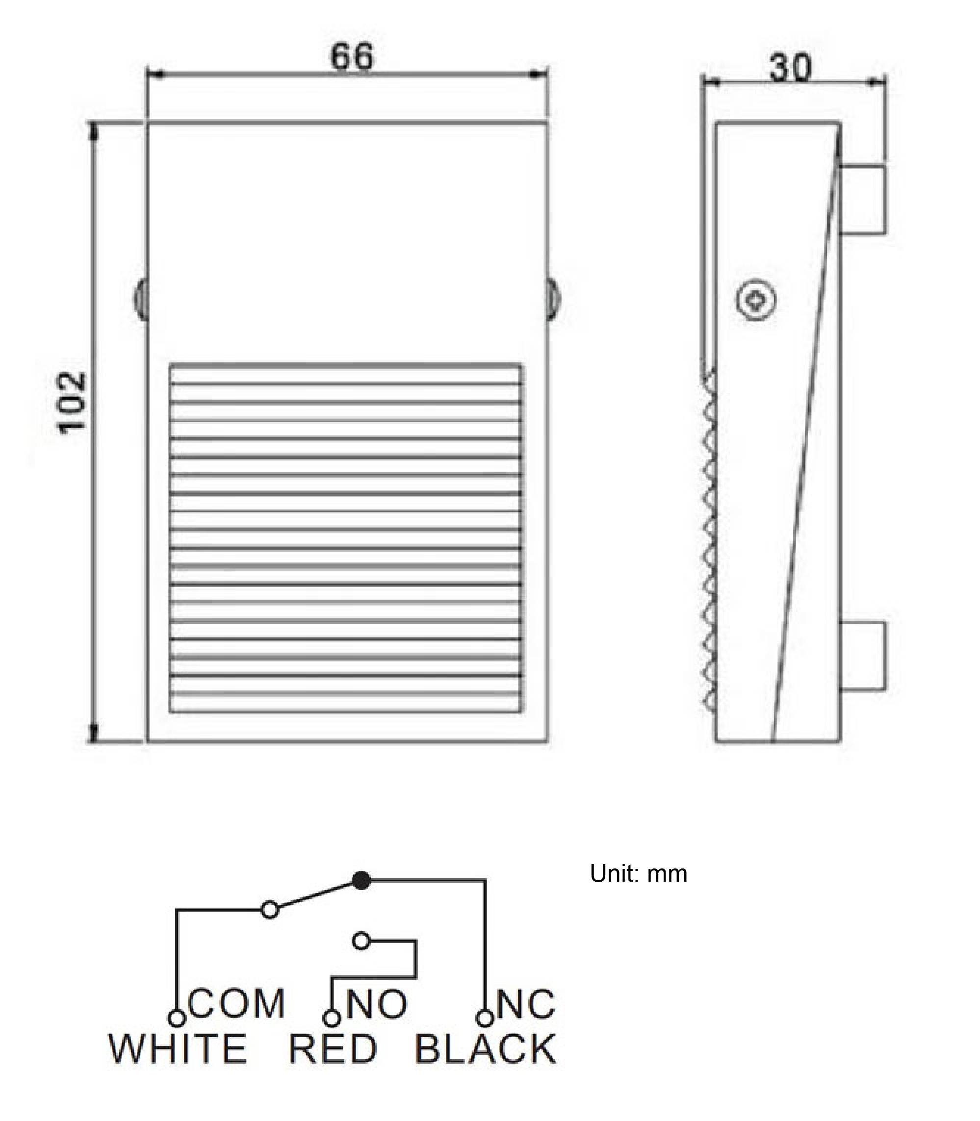Technický výkres obdélníkového dílu o rozměrech 102 x 66 x 30 mm. Obsahuje spínací symbol s přípoji: COM bílá, NO červená, NC černá.