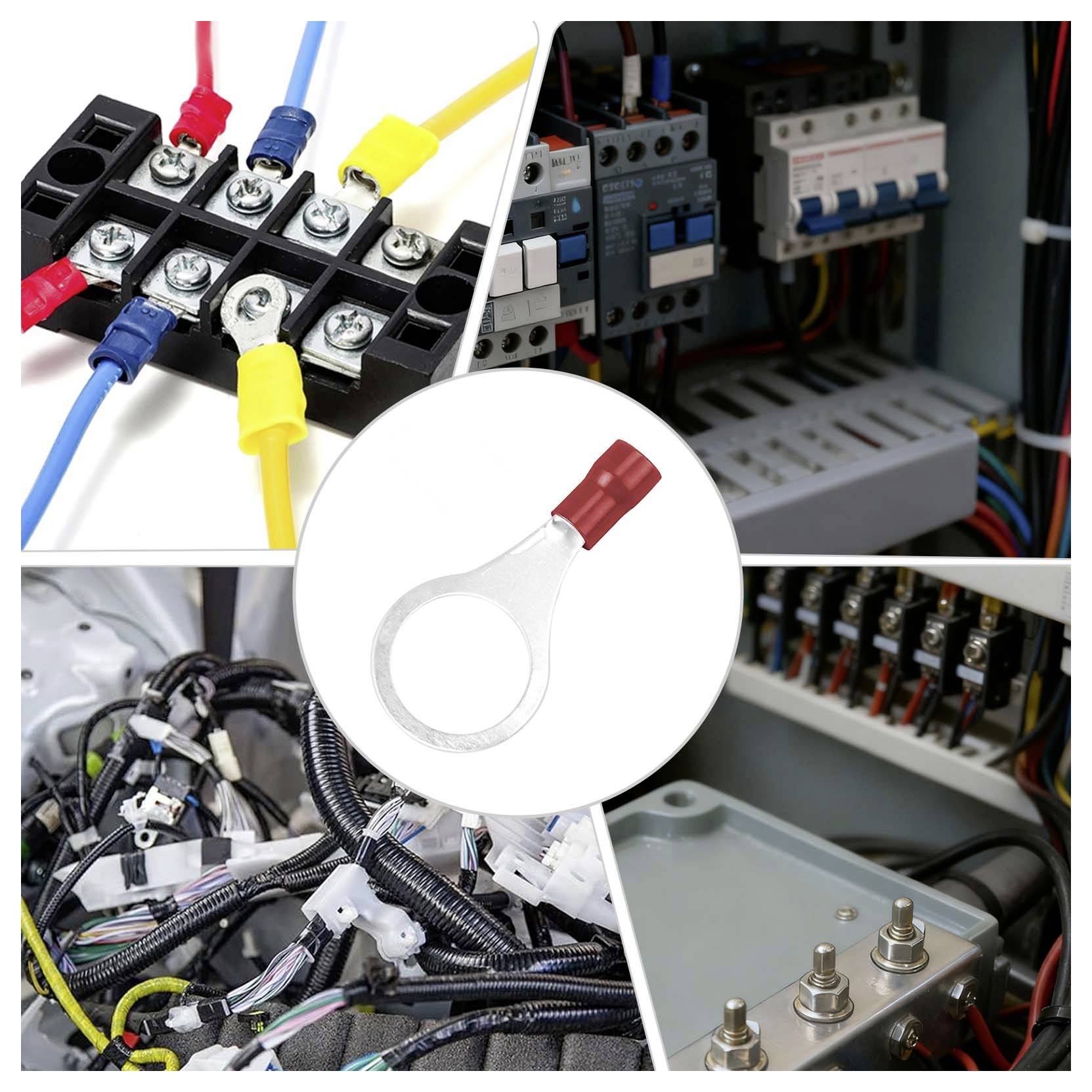 Koláž elektrických svorkových lišt, konektorů a kabelových svazků s kroužkovým terminály v centru, zobrazující díly průmyslového elektrického spojení.