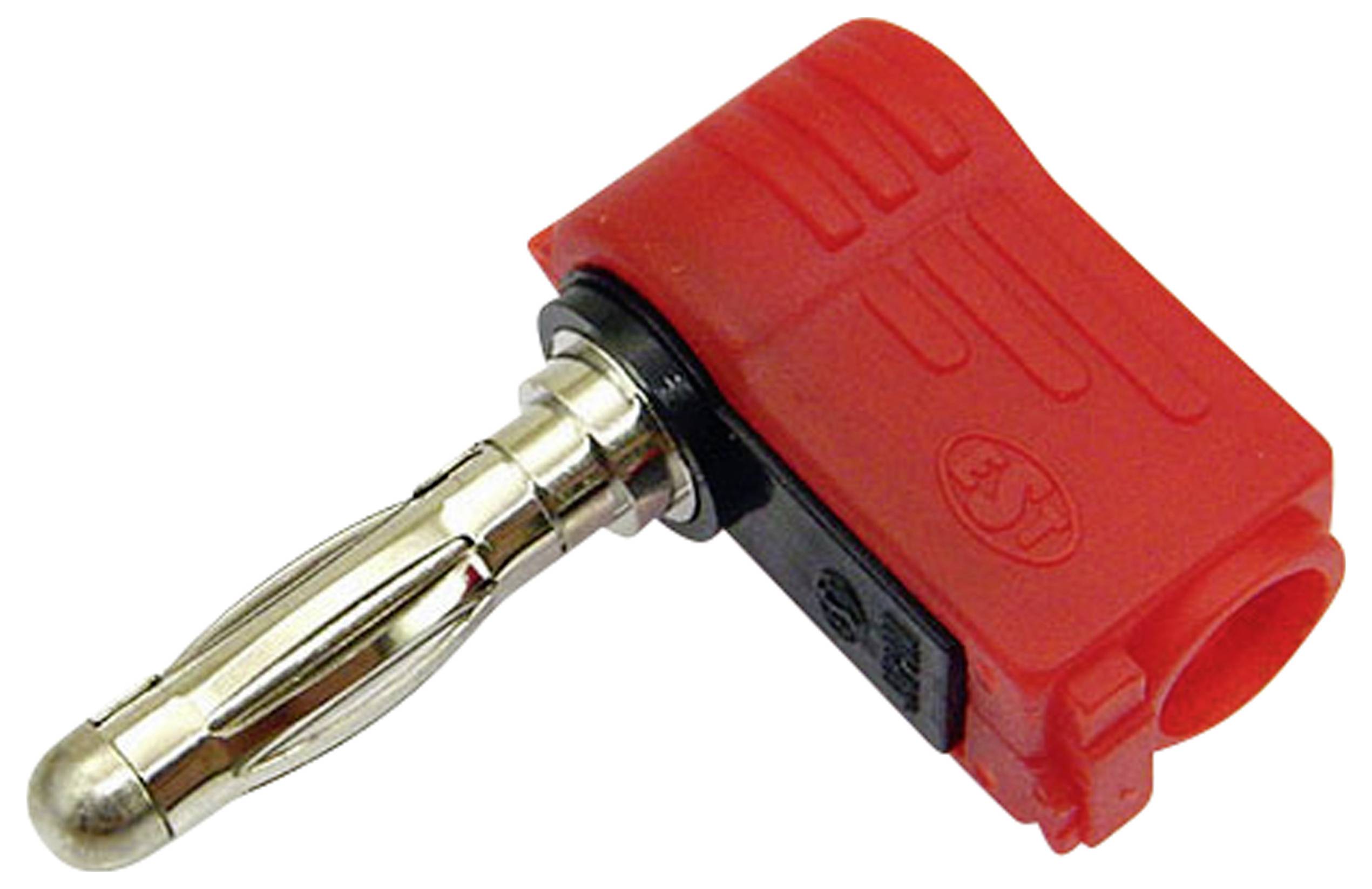 Červený banánkový konektor se stříbrným kontaktním kolíkem. Používá se pro elektrické připojení v audio zařízeních.