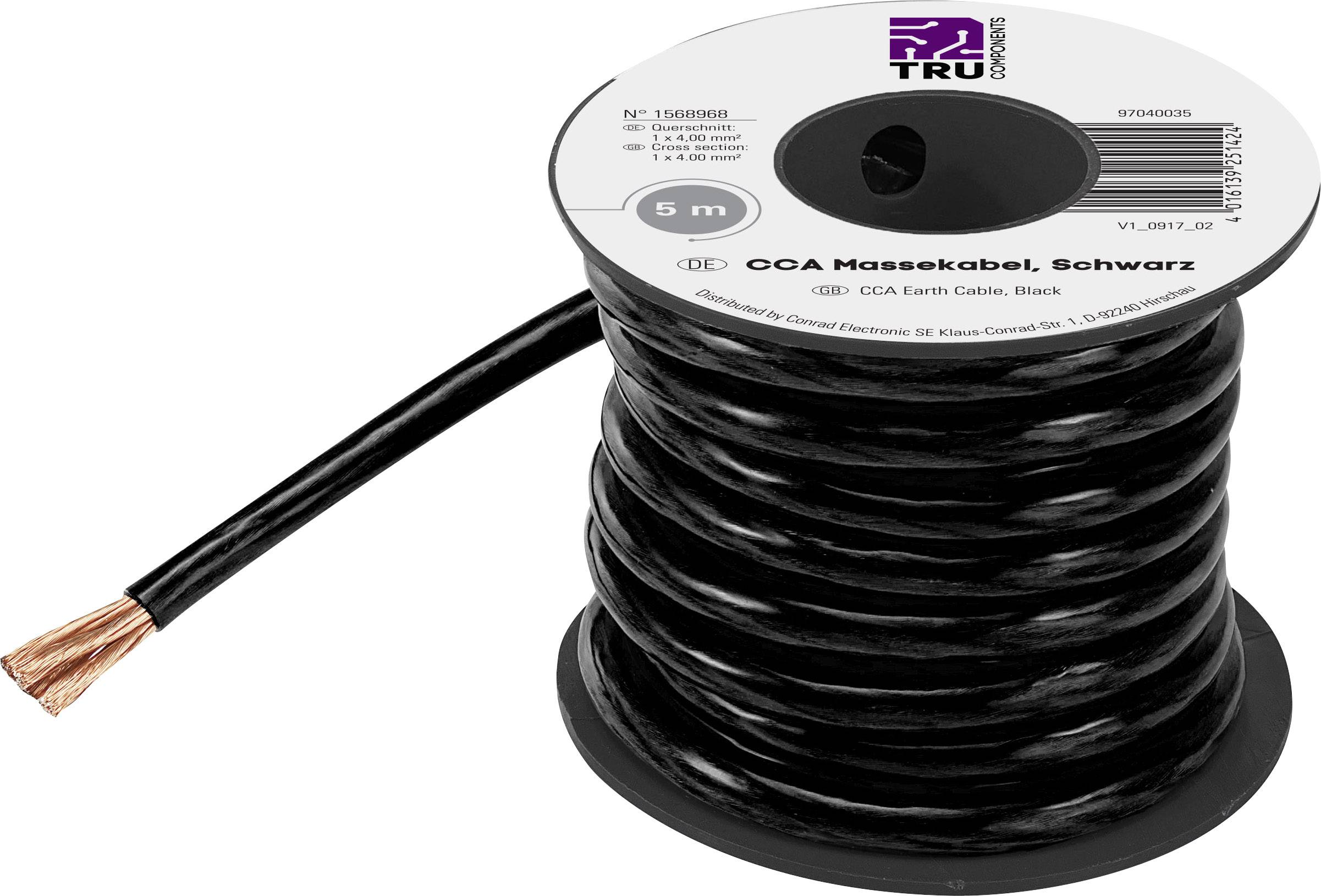 Černý OCA zemnící kabel, 5 metrů dlouhý, měď viditelná na jednom konci. Firemní logo nahoře na cívce.