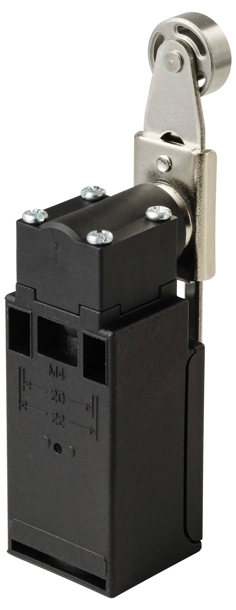 Černý, obdélníkový koncový spínač s kovovým páčkovým mechanismem a kladkou. Používá se ve strojích k určování polohy.