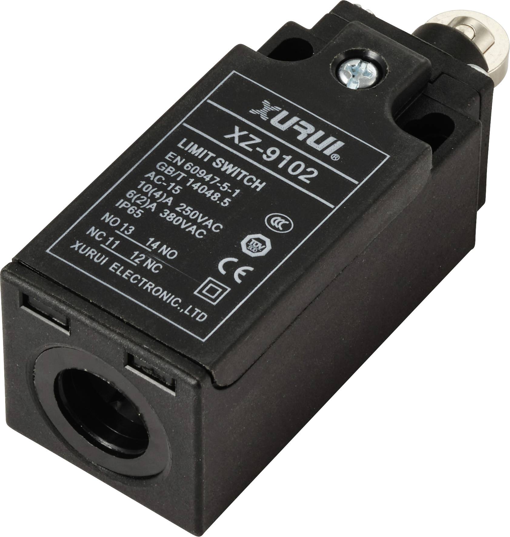 Černý koncový spínač s označením 'XURUI LIMIT SWITCH XZ-9102'. Obsahuje technické specifikace a informace o výrobci.