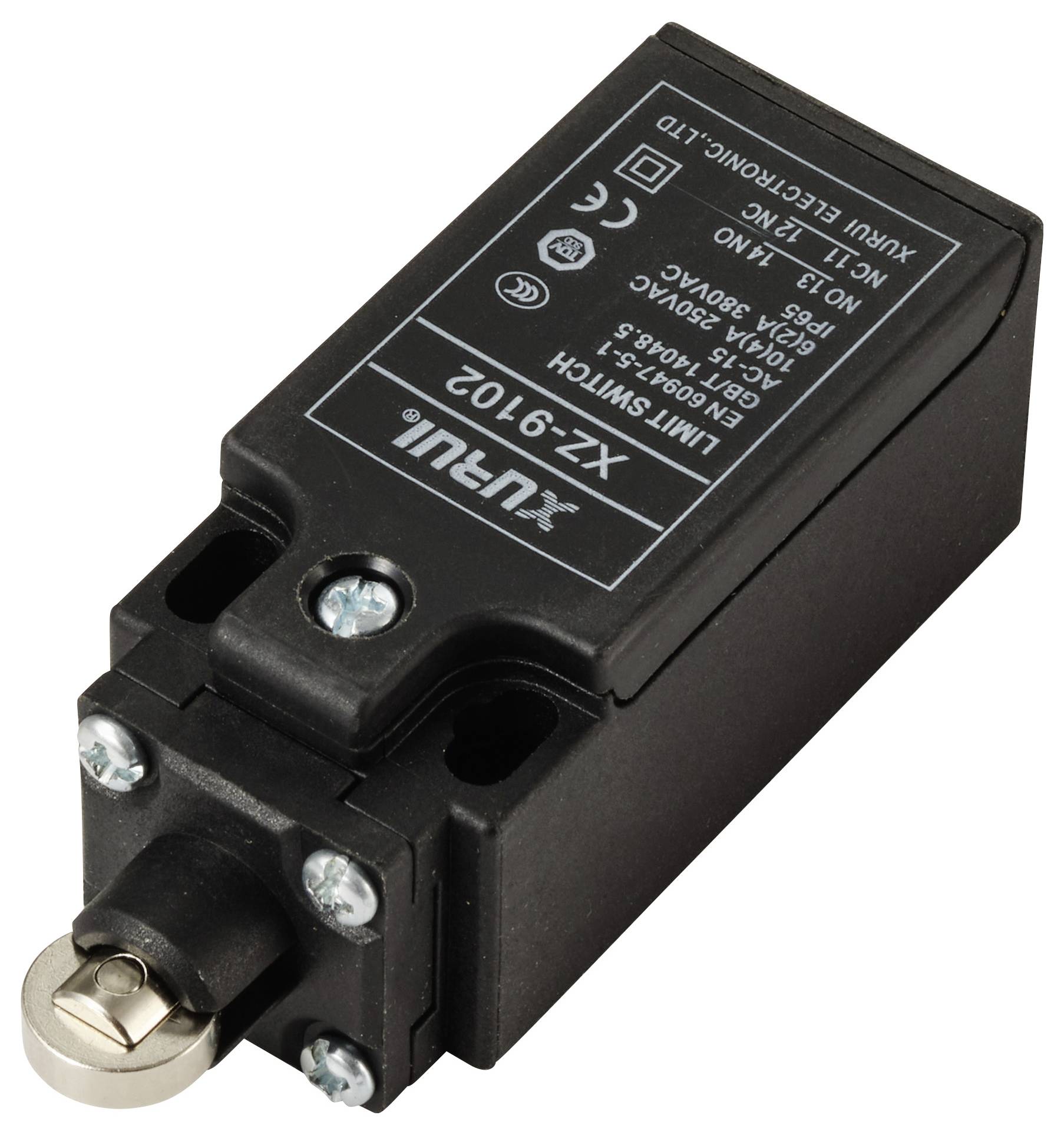 Obdélníkový, černý koncový spínač s nápisem 'LIMIT SWITCH' a technickými údaji na horní straně.