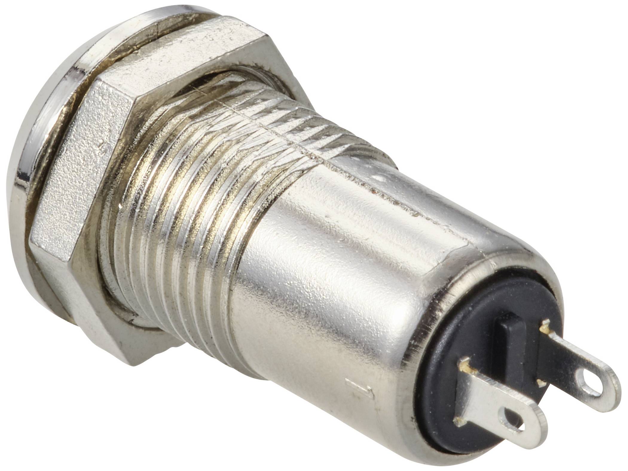 Kovový kulatý konektor se třemi kolíky, vhodný pro elektronické připojení, detailní záběr na bílém pozadí.