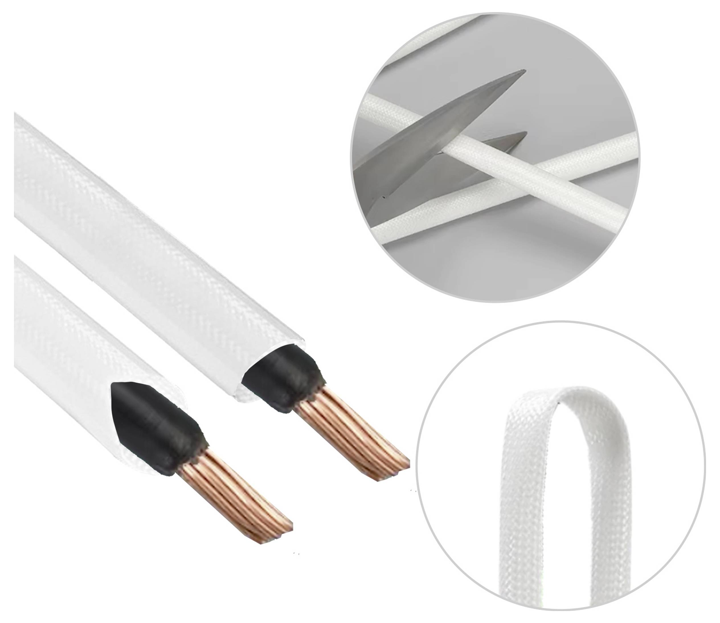 Reproduktorový kabel s bílým opleteným pláštěm, zobrazující měděné vodiče na koncích a dva detailní pohledy ukazující řezanou a smyčkovou sekci.