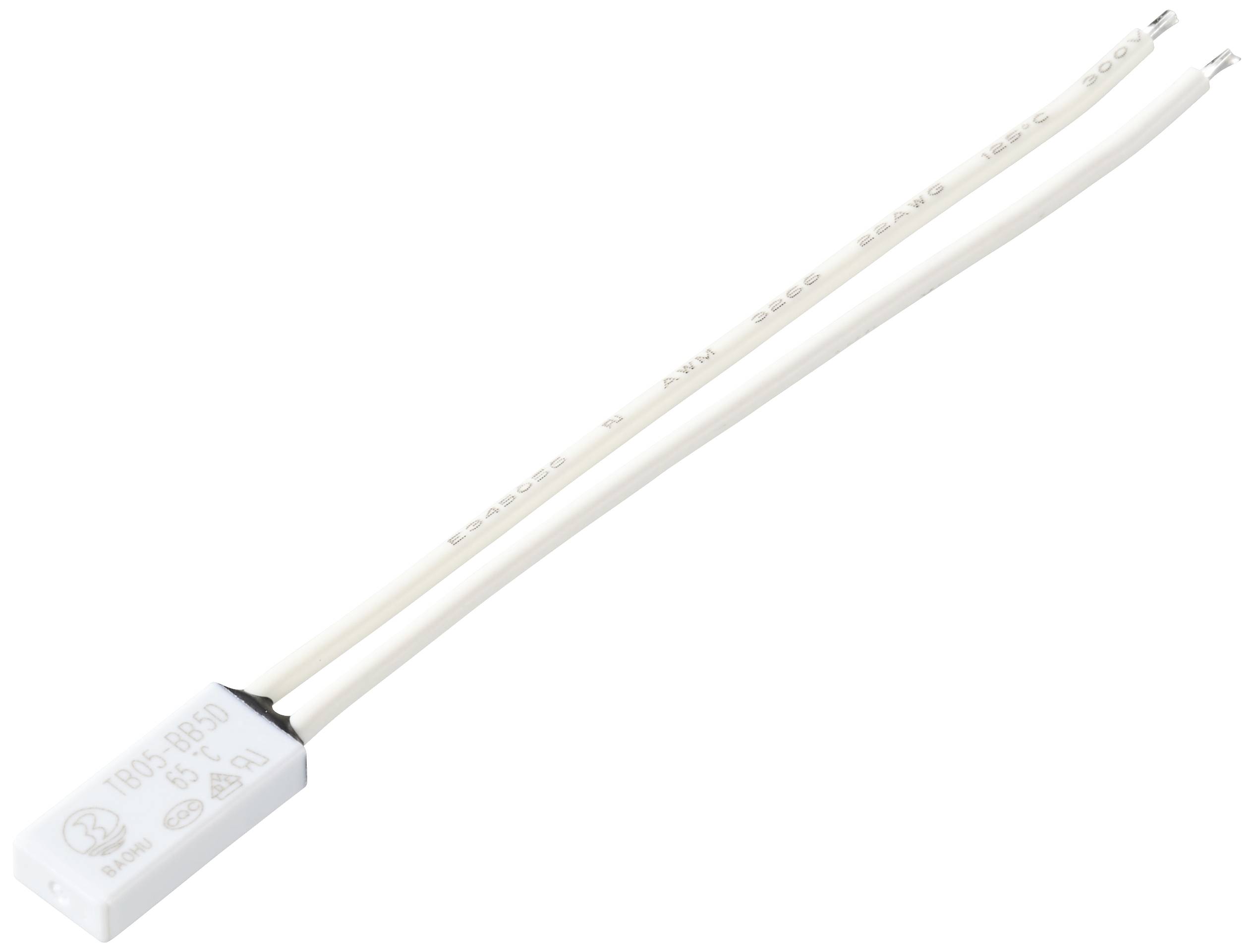 Bílý elektrický kondenzátor se dvěma vodiči. Vhodný pro použití v elektronických obvodech.