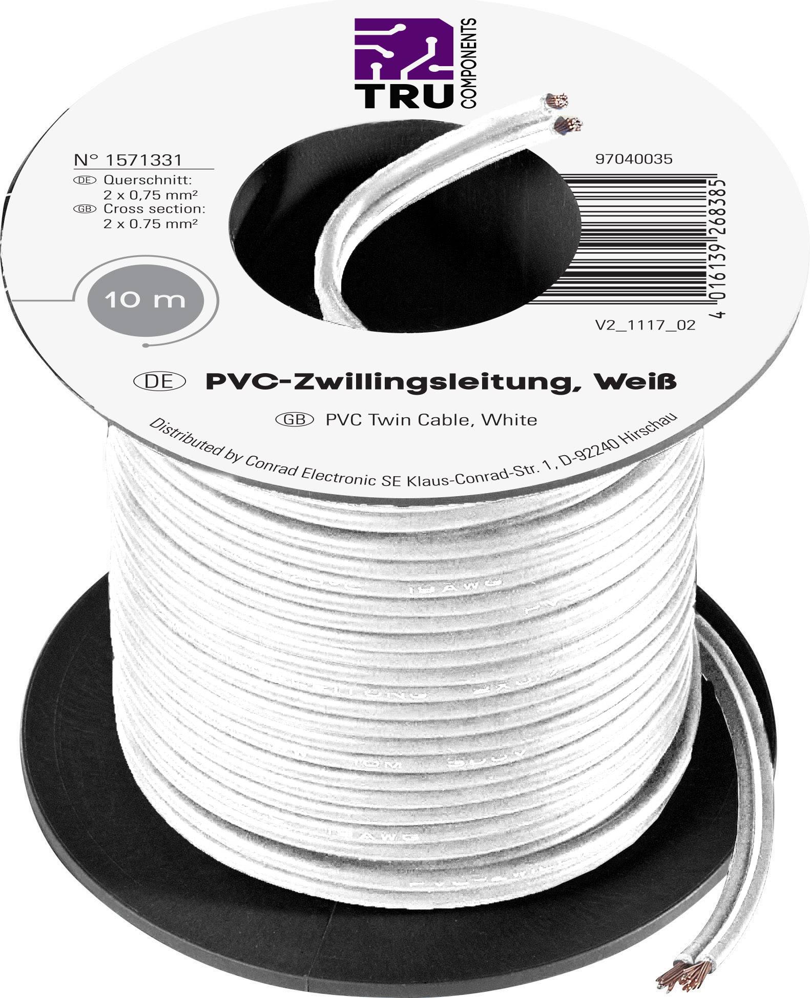 Cívka s 10 m bílým PVC dvoužilovým kabelem, detaily produktu a označení na štítku.