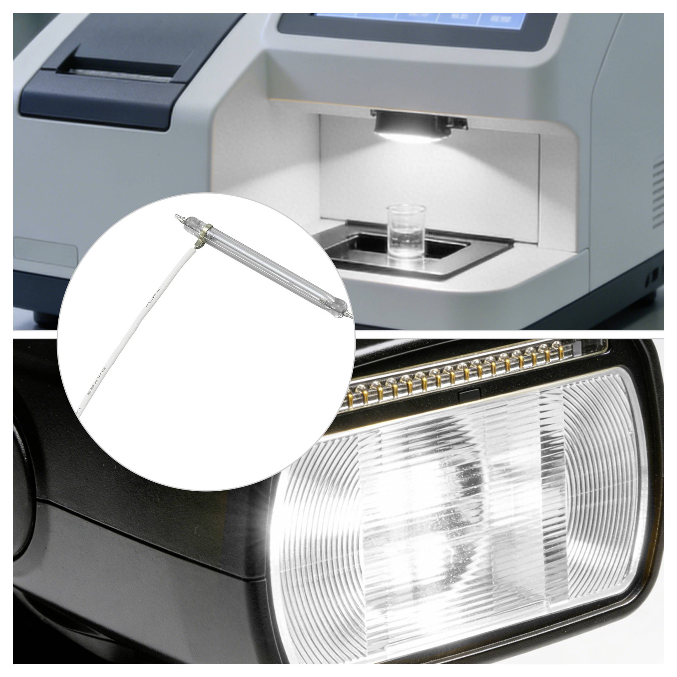 Přístroj pro UV test s měřicí komorou a zdrojem UV světla. Vložený obrázek zobrazuje detail UV lampy.