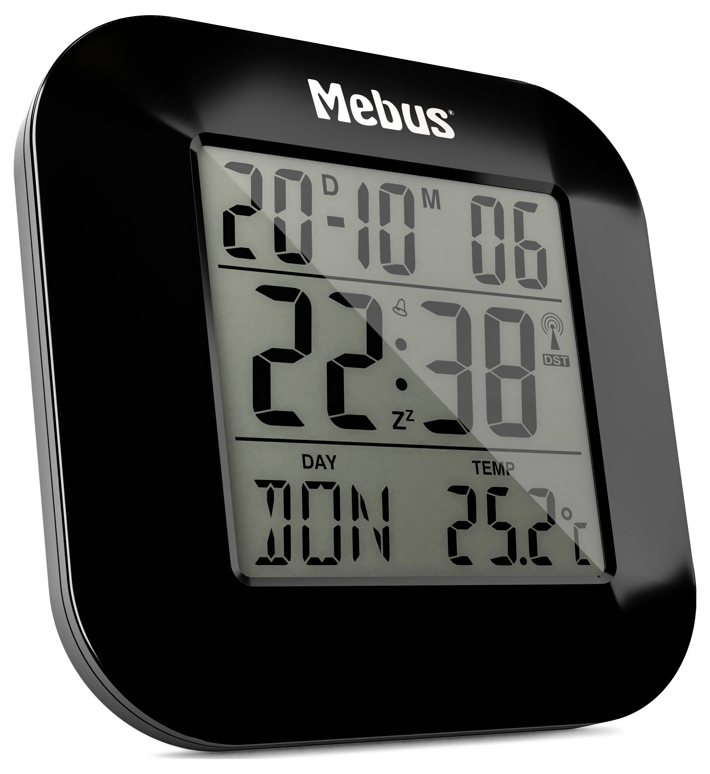 Digitální nástěnné hodiny zobrazující '20-10', '22:38' a teplotu '25,2°C'.