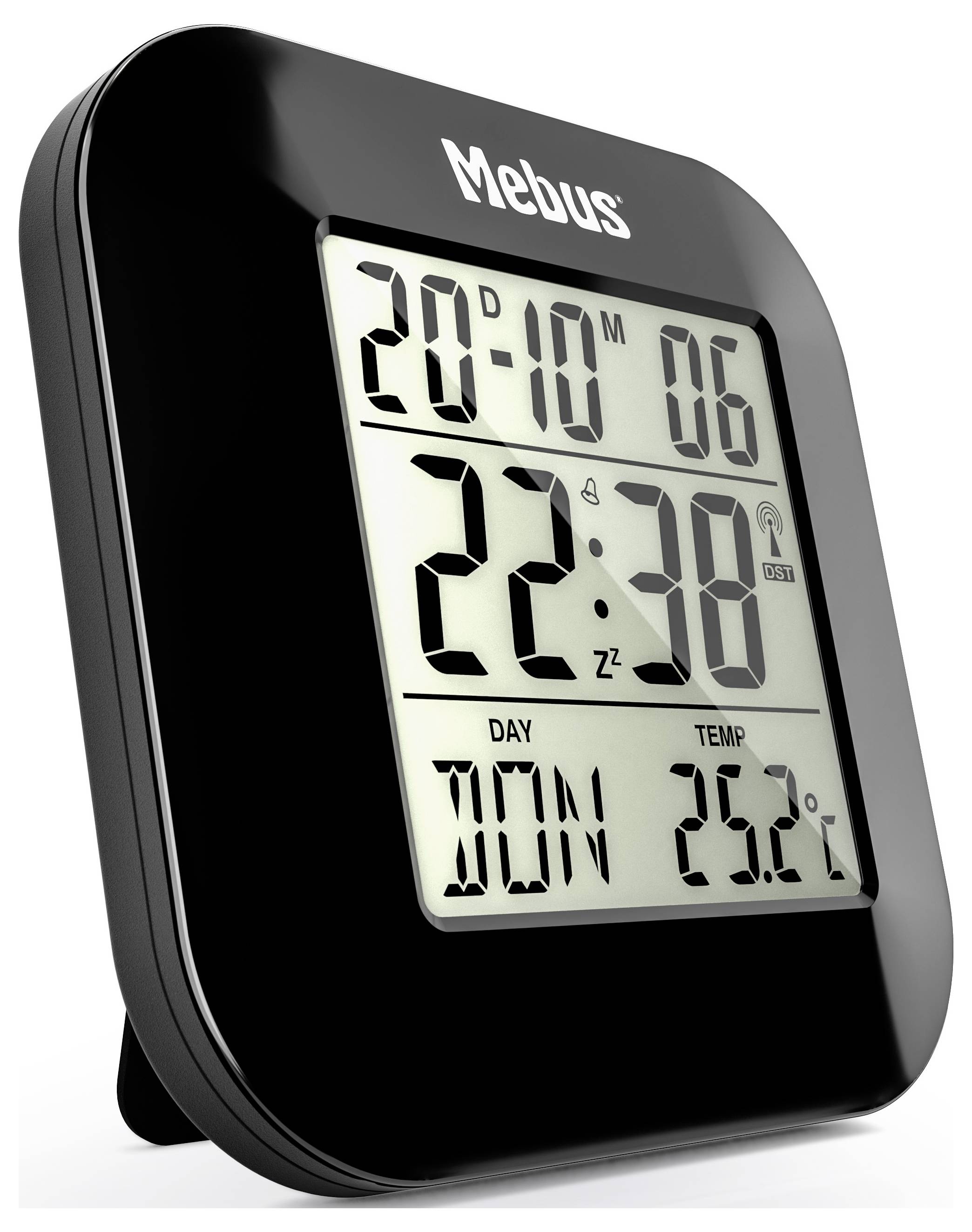 Černé digitální hodiny zobrazují datum „20-10-06" a čas „22:38". Také zobrazují den „DON" a teplotu „26,2°C".