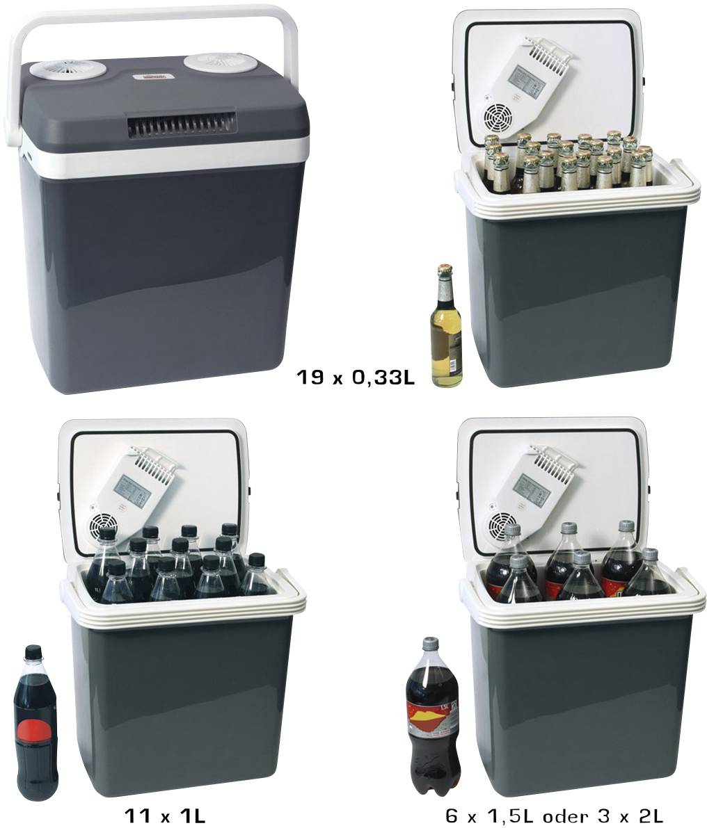 Chladicí box s otevřeným víkem ukazuje různé možnosti umístění lahví: 19 x 0,33 l, 11 x 1 l, 6 x 1,5 l nebo 3 x 2 l lahví.