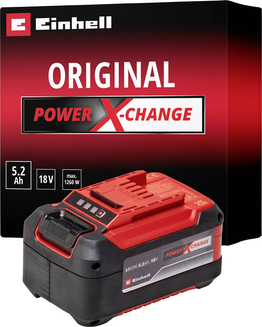 Dva červené a černé lithium-ionové akumulátory Einhell Power X-Change, každý s kapacitou 5,2 Ah a 18V, vhodné pro elektrickénářadí.