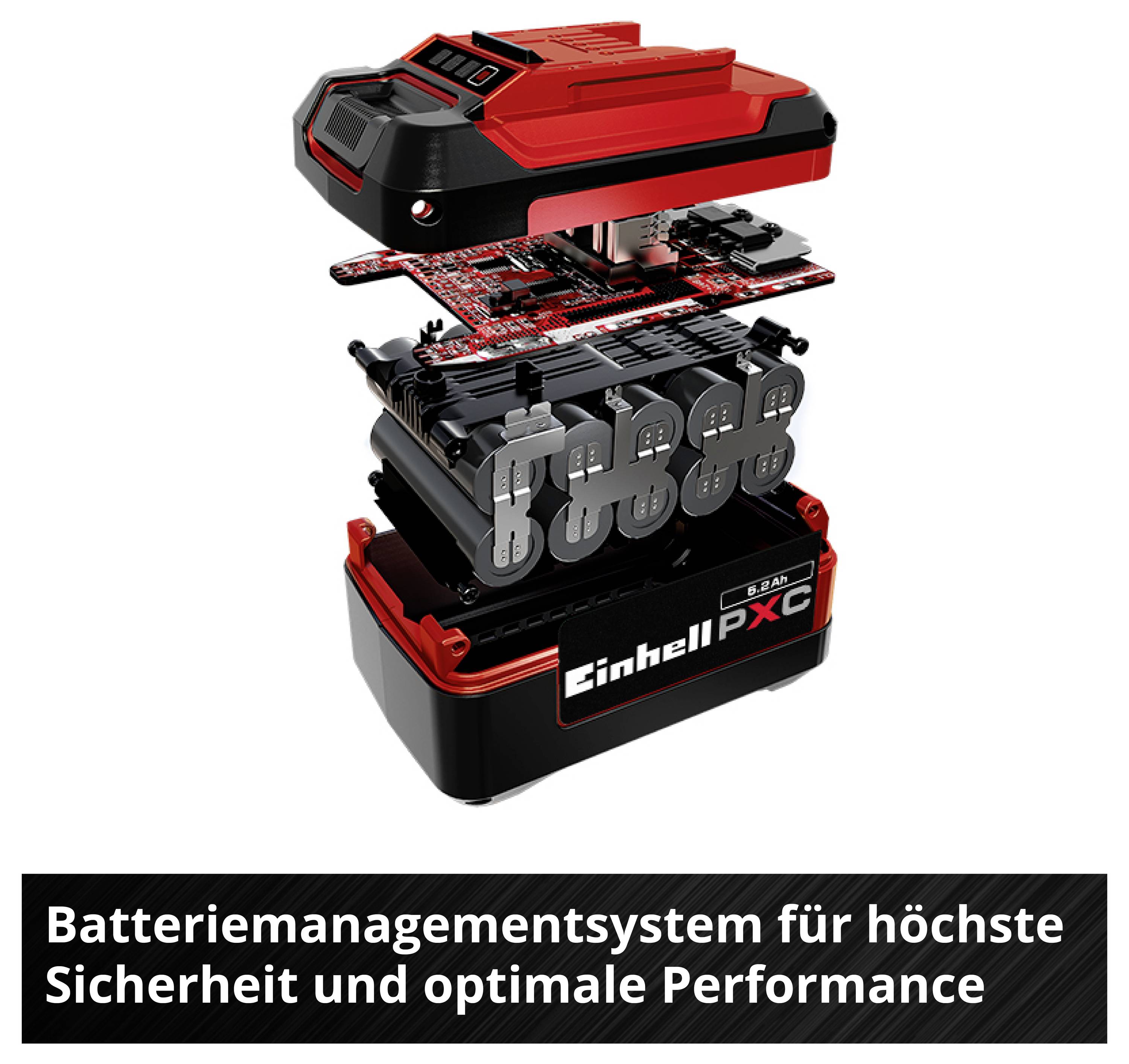 Rozloženad zobrazení Einhell Power X-Change akumulátoru se systémem řízení baterie; pod ním text „Systém řízení baterie pro nejvyšší bezpečnost a optimální výkon".