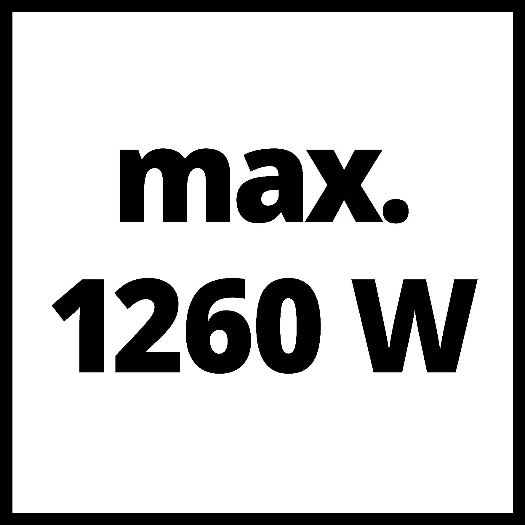 "max. 1260 W" černým písmem na bílém pozadí, pravděpodobně údaj o maximálním výkonu zařízení.
