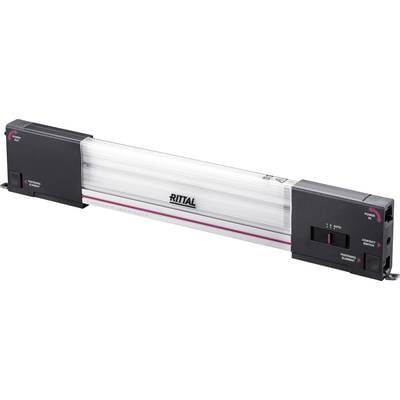 LED svítidlo od Rittalu s podlouhlým, obdélníkovým tvarem. Viditelné značky pro napájení a resetování karty.