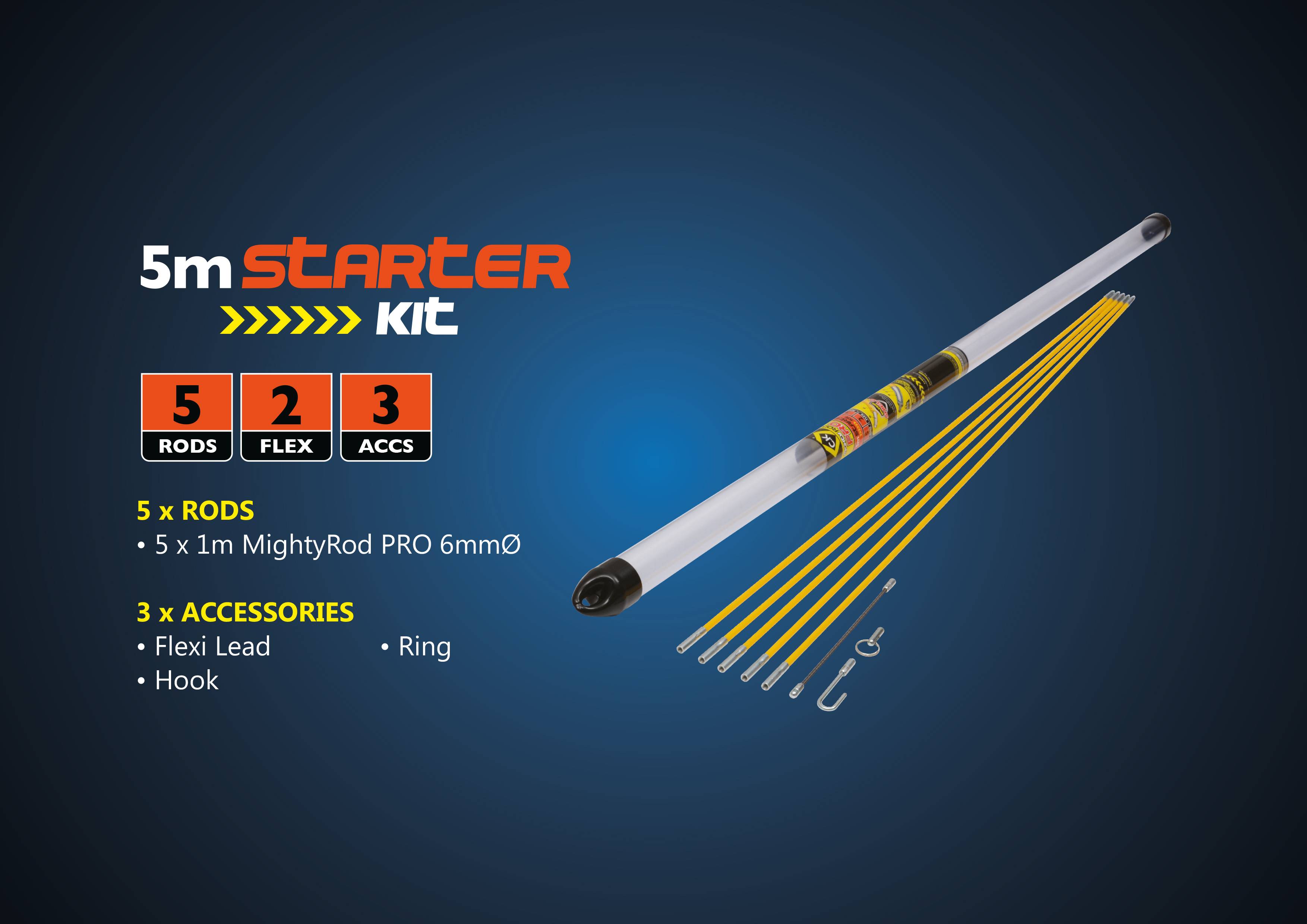 Startovací sada 5 m s 5 MightyRod PRO tyčemi (průměr 6 mm), 2 flexibilními prodlužovacími nástavci a 3 příslušenstvími: vodítko, hák, kroužek.