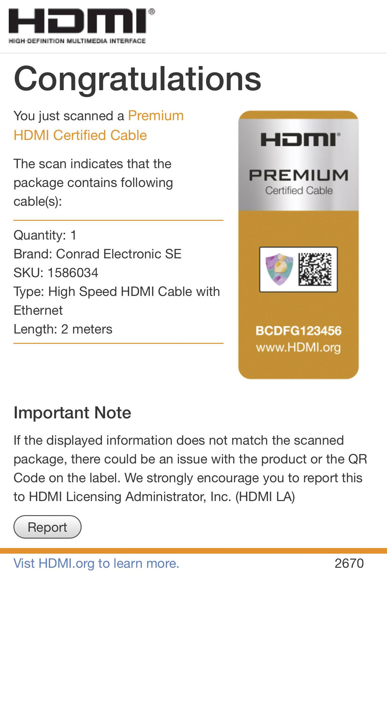 Gratulujeme! Právě jste naskenovali prémiový certifikovaný HDMI kabel. Značka: Conrad Electronic SE, délka: 2 metry. Navštivte HDMI.org pro další informace.