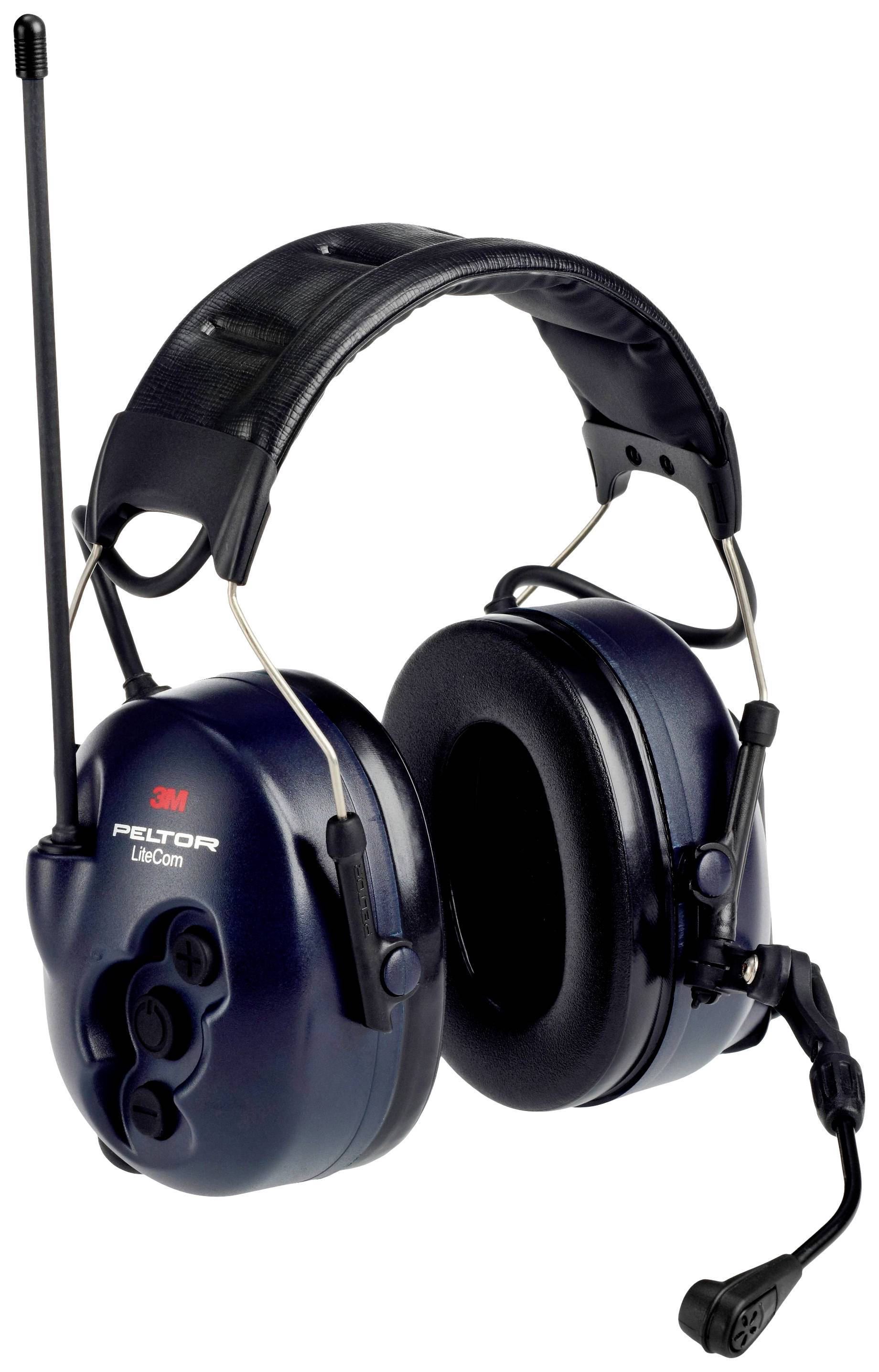 Černomodré komunikační headset s mikrofonem a anténou, vhodný pro hlučné prostředí. Značka '3M Peltor'.