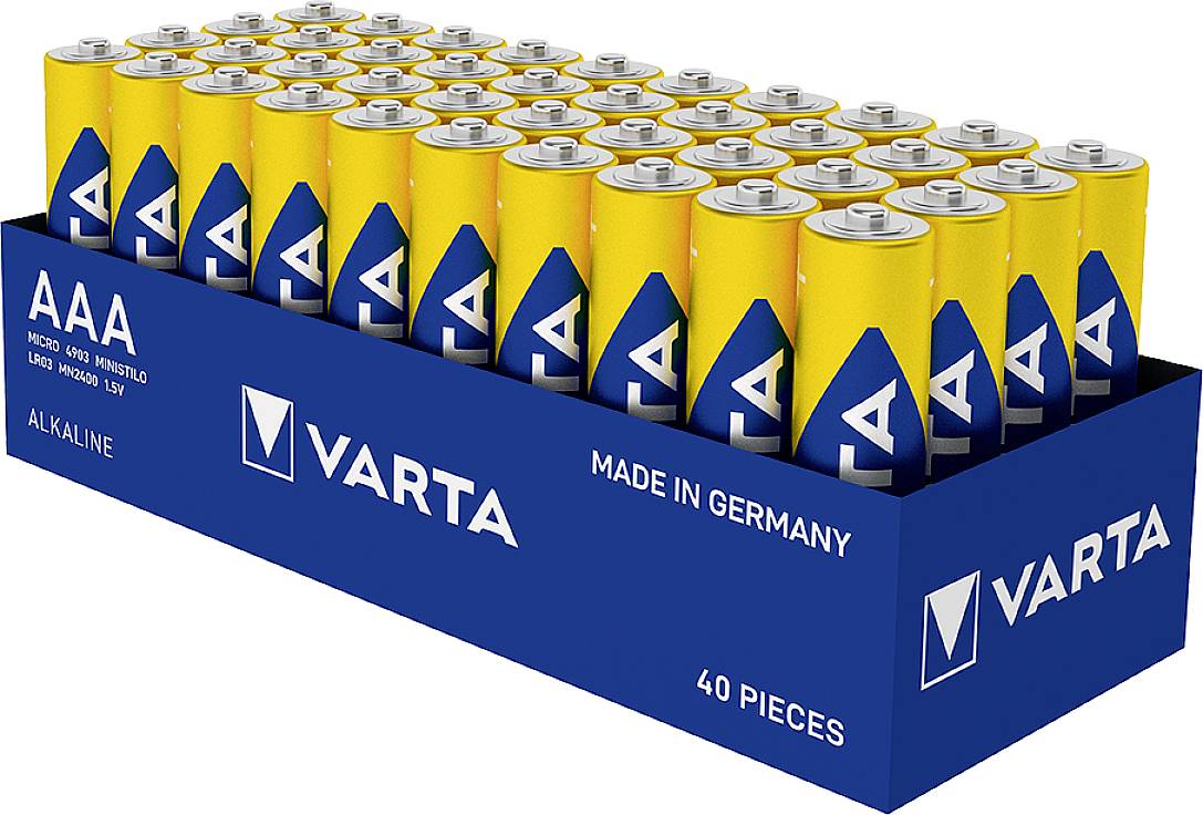 'Varta AAA alkalické baterie, 40 kusů v modré krabičce. Nápis: Vyrobeno v Německu.'